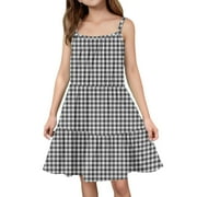 Girls Beach Dress Casual Spaghetti Strap Sleeveless Girls Cami Dresses Plaid A-Line Sundresses Holiday Tiered Dresses for 6-14 Years,Black